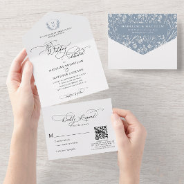 QRコードほこりっぽい青フローラクレストモノグラム結婚ズ オールインワン招待状