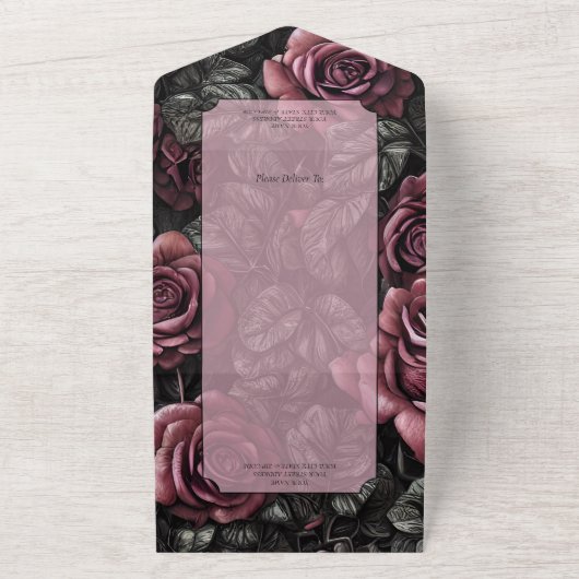 QRコードを使用したゴシック様式のメイブ、グレーおよびブラックバラ オールインワン招待状 (外側)