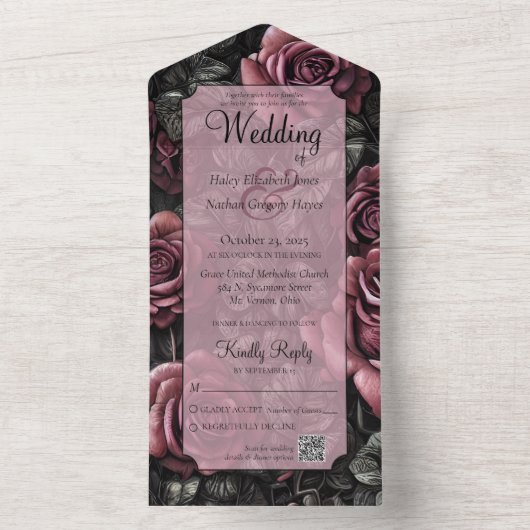 QRコードを使用したゴシック様式のメイブ、グレーおよびブラックバラ オールインワン招待状 (内側)