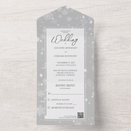 QRコードを使用した灰色の雪の落下 オールインワン招待状 (内側)