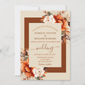 QRコードを使用した燃えたオレンジ色と錆結婚びフローラ 招待状 (正面)
