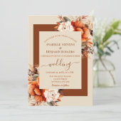 QRコードを使用した燃えたオレンジ色と錆結婚びフローラ 招待状 (スタンド正面)