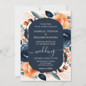 QRコードを使用した燃結婚焼オレンジと青のフローラ 招待状 (正面)