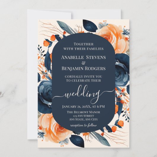 QRコードを使用した燃結婚焼オレンジと青のフローラ 招待状 (正面)