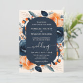 QRコードを使用した燃結婚焼オレンジと青のフローラ 招待状 (スタンド正面)