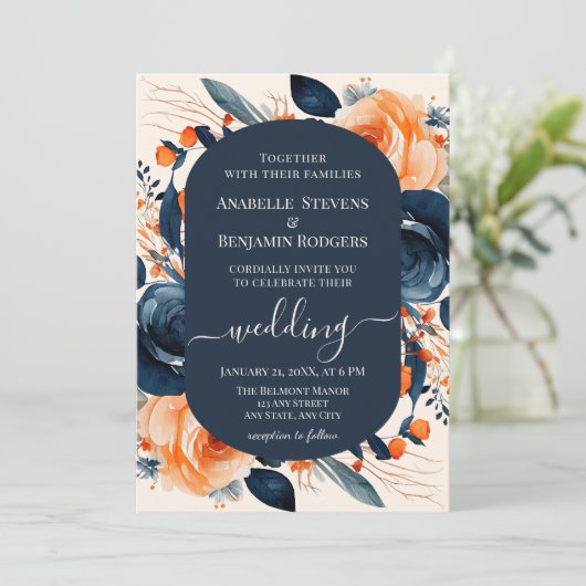 QRコードを使用した燃結婚焼オレンジと青のフローラ 招待状 (スタンド正面)