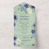 QRコードを使用したSage Greenの青とアイボリーのバラ オールインワン招待状 (内側)