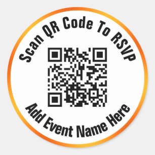 QRコードをRSVPにスキャンするイベント名白黒オレンジ ラウンドシール