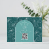 QRコードアーチティール（緑がかった色）トロピカルパームウェディングRSVP 出欠カード (スタンド正面)