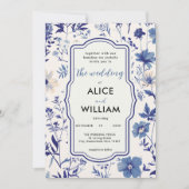 QRコードインディゴブルーワイルドフラワー結婚式招待状 招待状 (正面)