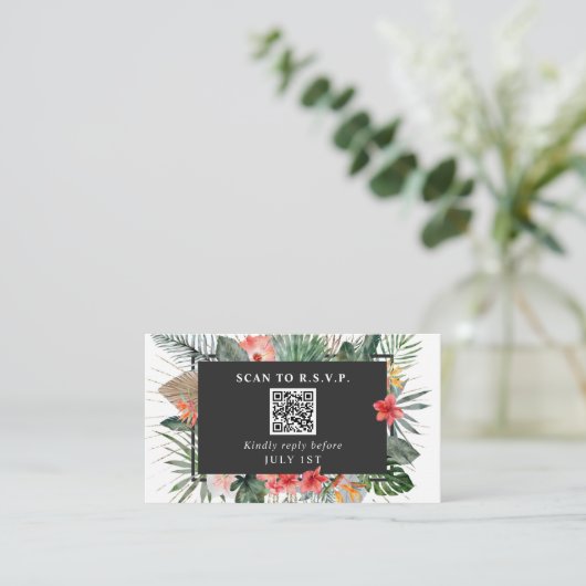 QRコードウェディングRSVP熱帯フローラ エンクロージャーカード (スタンド正面)