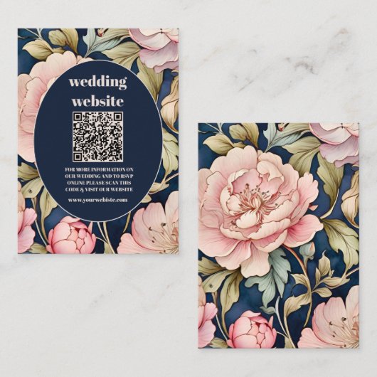 QRコードウォーターカラーピンク牡丹アールヌーボー結婚ズ エンクロージャーカード (正面/裏面)