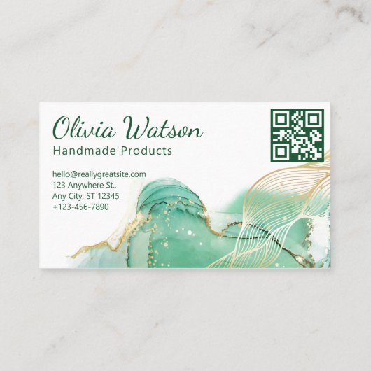 Qrコードエメラルドグリーンと金ゴールドモダン水色 名刺 (裏面)