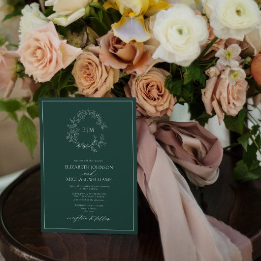 QRコードエメラルドグリーン葉付きクレストモノグラム結婚ズ 招待状