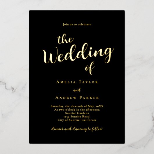 QRコードエレガントスクリプト書シンプル道の結婚 箔招待状 (正面)