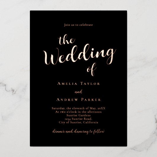 QRコードエレガントスクリプト書シンプル道の結婚 箔招待状 (正面)