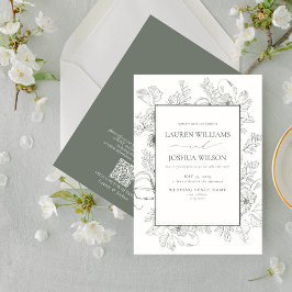 QRコードエレガントセージ緑フローララインアー結婚ツ 招待状