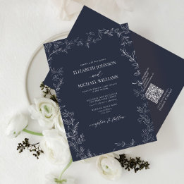 QRコードエレガントネイビーミニマルブルー結婚フ 招待状