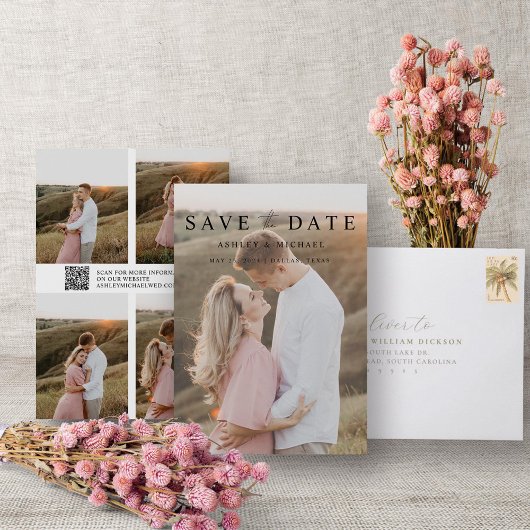 QRコードエレガントミニマリストスクリプト5写真結婚s セーブザデート