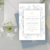 QRコードエレガントモノグラムほこりっぽい青フローラ線 招待状