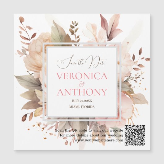 QRコードエレガントワイルドフラワーの日付を保存結婚する マグネット招待状 (正面)
