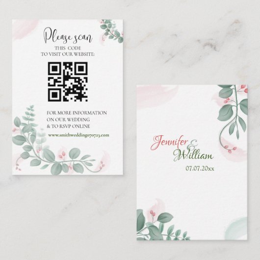 QRコードエンクロージャカード付き結婚式RSVP ノートカード (正面/裏面)