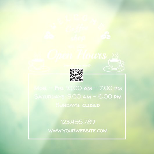 QRコードオープン時間喫茶店の看板 – 窓ガラス ウィンドウサイン (シート3)