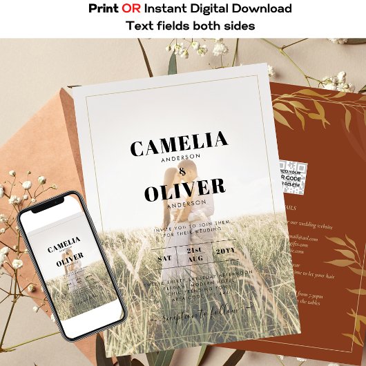 QRコードオールインワン ラスティックテラコッタ ゴールド ウェディング 招待状