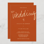 QRコードカジュアルタイポグラフィ燃えたオレンジ結婚色 招待状 (正面/裏面)