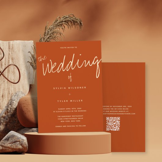QRコードカジュアルタイポグラフィ燃えオレンジ 招待状