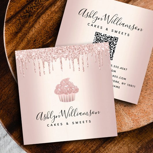 QRコードカップケーキバラ金ゴールドベーカリーシェフグリッタードリップ スクエア名刺