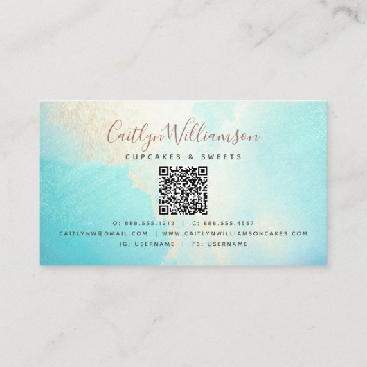 QRコードカップケーキピンクローズグリッターブルーウォーター色 名刺 (裏面)