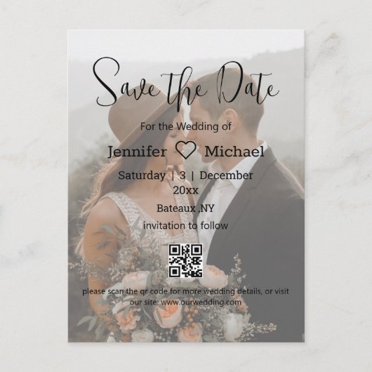 qrコードカップルの色あせた写真の日付を保存結婚する 案内ポストカード (正面)