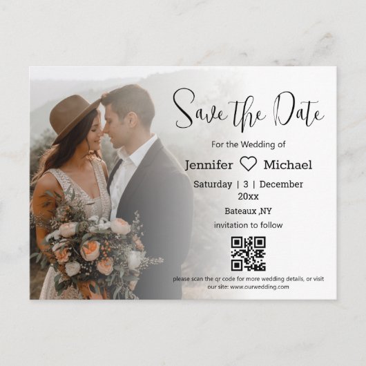 qrコードカップルシック写真の日付を保存結婚する 案内ポストカード (正面)