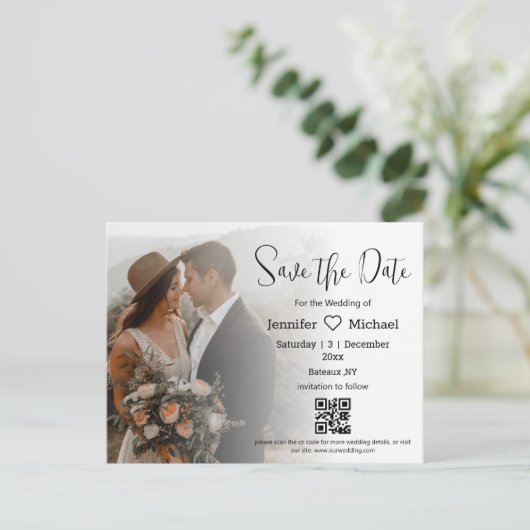 qrコードカップルシック写真の日付を保存結婚する 案内ポストカード (スタンド正面)