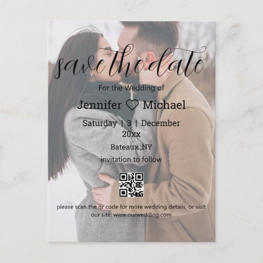 qrコードカップル写真のシックな日付を保結婚存する 案内ポストカード (正面)