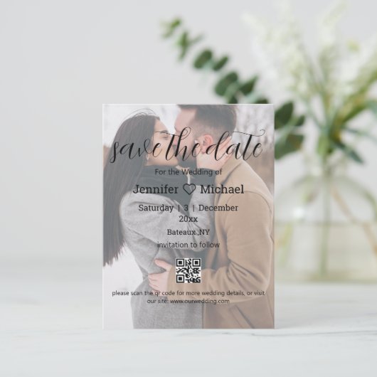 qrコードカップル写真のシックな日付を保結婚存する 案内ポストカード (スタンド正面)