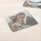 qrコードカップルphoto boho'sの日付を保存結婚する スクエアペーパーコースター (アングル)