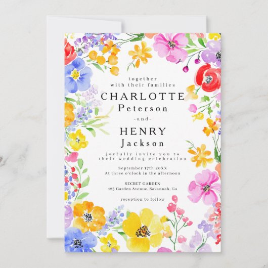 QRコードカラフル水色フローラ春の結婚式 招待状 (正面)