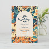 QRコードカラフルGroovyレトロ70sフローラ結婚 招待状 (スタンド正面)