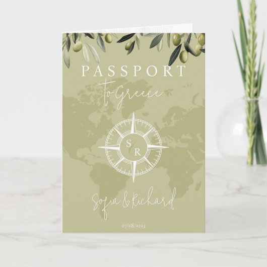 QRコードギリシャ結婚のパスポートセージ世界地図 招待状 (正面)