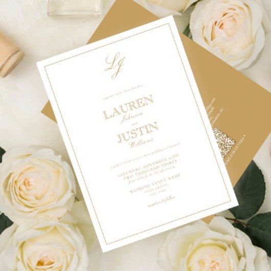 QRコードクラシック金ゴールドスクリプトモノグラム結婚の 招待状