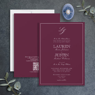 QRコードクラシックBurgundy Script Monogram結婚's I 招待状