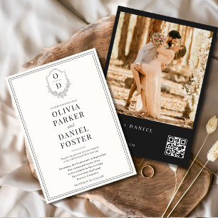 QRコードクレストブラック&ホワイトフォトモダン結婚ズ 招待状