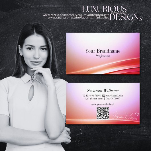 QRコードグラデーション付きラブリーピンク薄紫曲線デコール 名刺