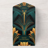 QRコードグラマラス緑と金ゴールドアールデコ結婚 オールインワン招待状 (外側)