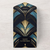 QRコードグラマラス青と金ゴールドアールデコ結婚 オールインワン招待状 (外側)