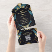 QRコードグラマラス青と金ゴールドアールデコ結婚 オールインワン招待状 (貼ってはがせる)