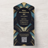 QRコードグラマラス青と金ゴールドアールデコ結婚 オールインワン招待状 (内側)