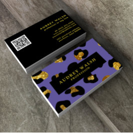 QRコードグラムグリッターパープルヒョウ印刷ラグジュアリー 名刺